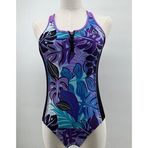 Gerry Girls Festival Zip Front 1-Piece Swimsuit Large 14 Racerback Purple Black